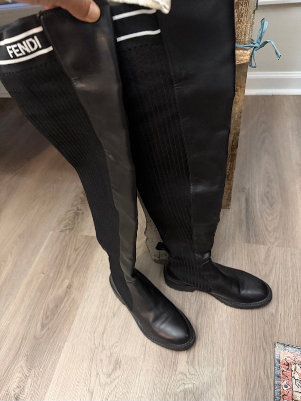 Fendi Black Ribbed Over-the-Knee Leather Boots with Logo Trim - Picture 6 of 14